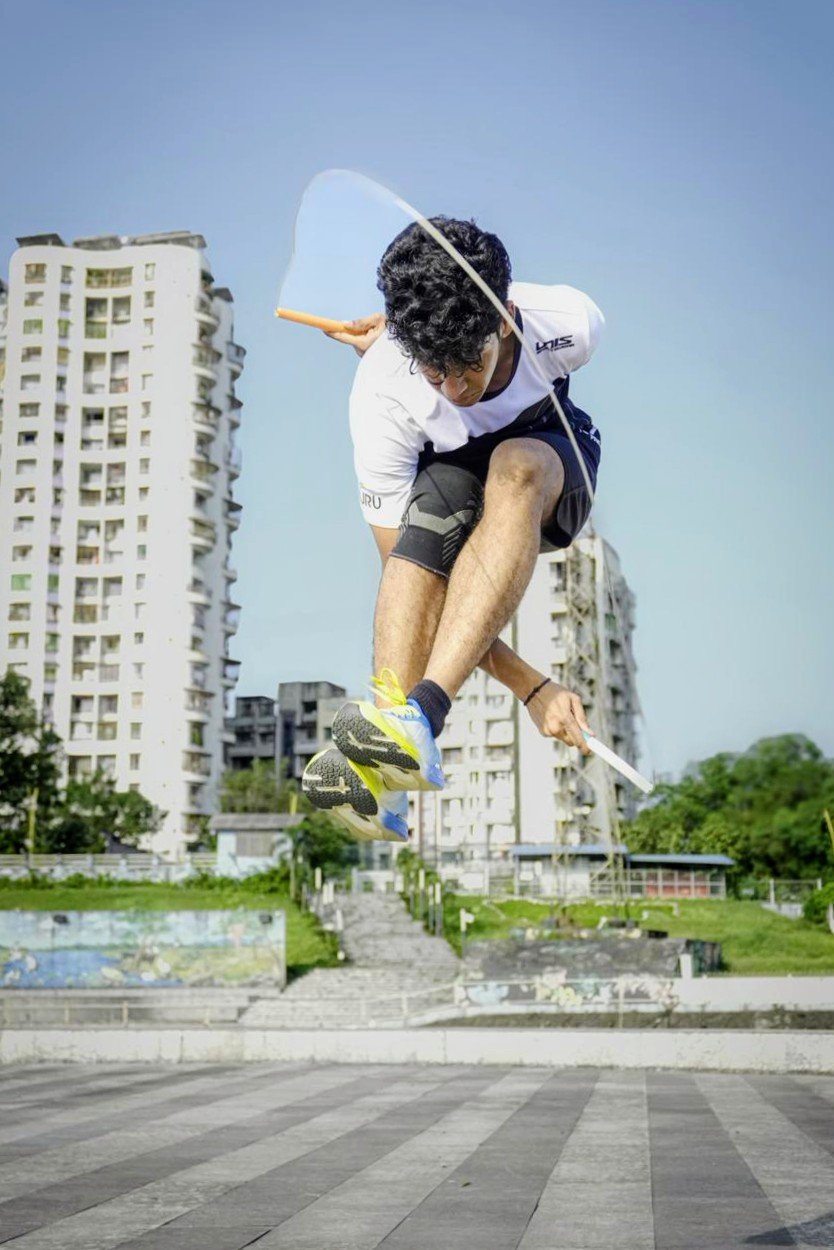 Eshan Puthran celebrating during jump rope training